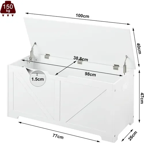 Banc De Rangement 76l Avec 2 Charnières De Sécurité, Blanc