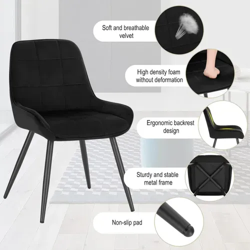 Lot De 6 Chaises De Salle à Manger, Chaises Relaxantes En Velours Ergonomiques Avec Dossier, Noir