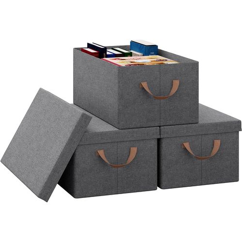 Lot De 3 Boîte De Rangement En Tissu Non Tissé,Coffre De Rangement Avec Couvercle,48x29x20cm,Gris