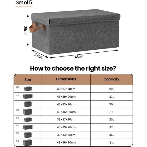Lot De 5 Boîte De Rangement En Tissu Non Tissé,Coffre De Rangement Avec Couvercle,48x29x20cm,Gris
