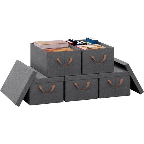 Lot De 5 Boîte De Rangement En Tissu Non Tissé,Coffre De Rangement Avec Couvercle,48x29x20cm,Gris