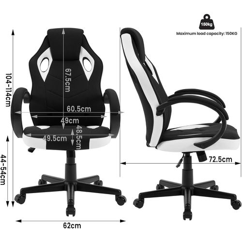 Fauteuil De Bureau. Chaise De Gaming En Tissu. Hauteur Réglable. Pivotant à 360°. Blanc
