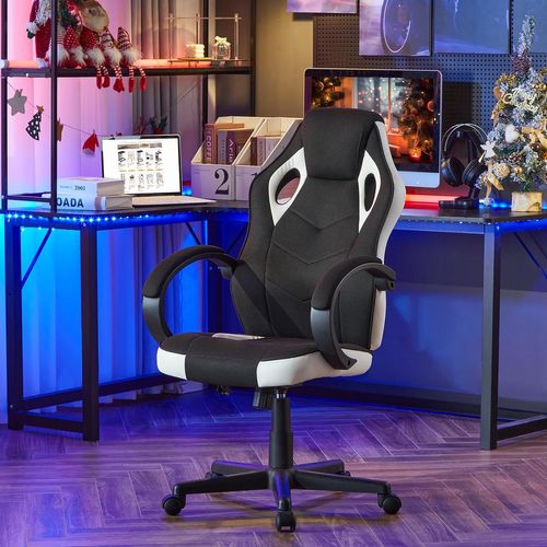 Fauteuil De Bureau. Chaise De Gaming En Tissu. Hauteur Réglable. Pivotant à 360°. Blanc