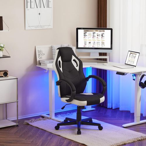 Fauteuil De Bureau. Chaise De Gaming En Tissu. Hauteur Réglable. Pivotant à 360°. Blanc