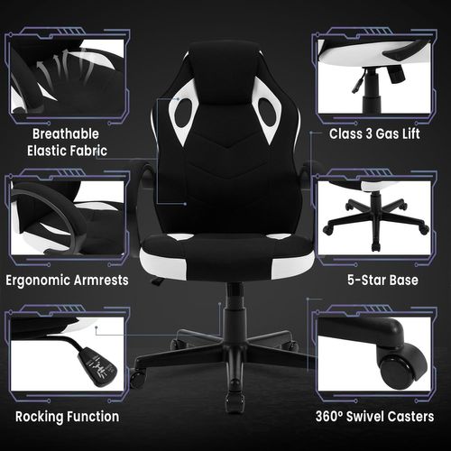 Fauteuil De Bureau. Chaise De Gaming En Tissu. Hauteur Réglable. Pivotant à 360°. Blanc