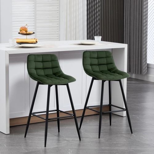 2x Tabourets De Bar Avec Repose-pieds-Tabourets Pour Bar-Bistro-En Velours + Métal-Vert Foncé