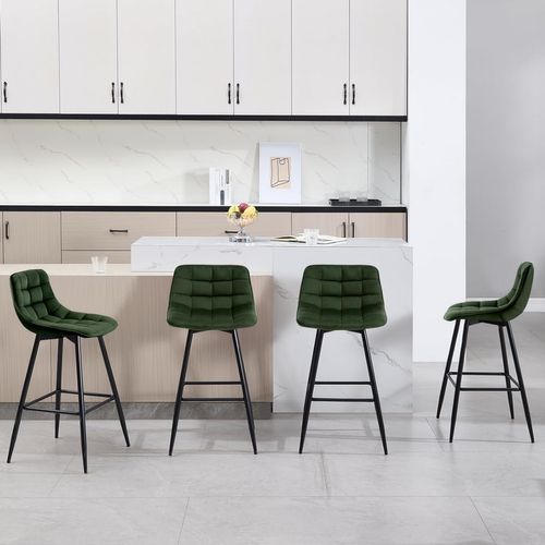 2x Tabourets De Bar Avec Repose-pieds-Tabourets Pour Bar-Bistro-En Velours + Métal-Vert Foncé