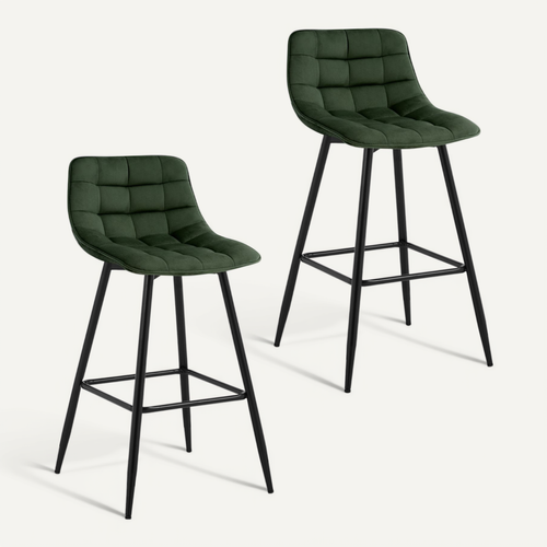 2x Tabourets De Bar Avec Repose-pieds-Tabourets Pour Bar-Bistro-En Velours + Métal-Vert Foncé