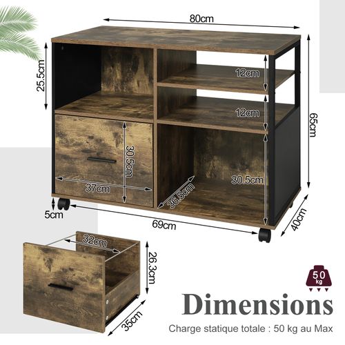 Caisson Bureau à Roulettes, Rangement Bureau Avec 1 Tiroir+4 Compartiments, Noir+Marron Rustique