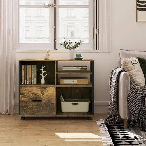 Caisson Bureau à Roulettes, Rangement Bureau Avec 1 Tiroir+4 Compartiments, Noir+Marron Rustique