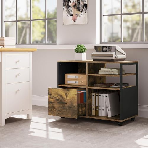 Caisson Bureau à Roulettes, Rangement Bureau Avec 1 Tiroir+4 Compartiments, Noir+Marron Rustique