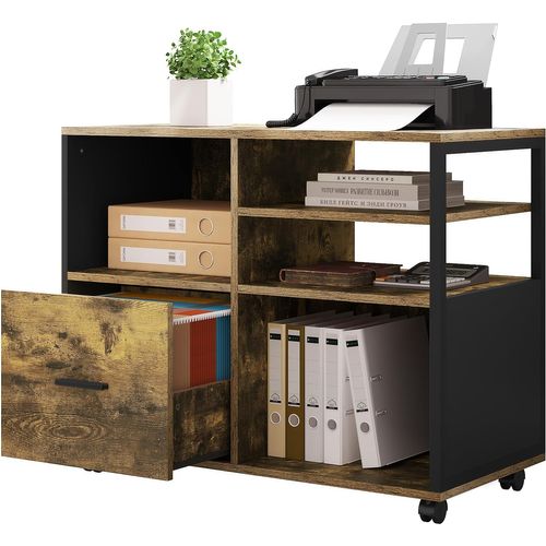 Caisson Bureau à Roulettes, Rangement Bureau Avec 1 Tiroir+4 Compartiments, Noir+Marron Rustique
