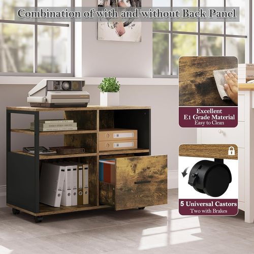 Caisson Bureau à Roulettes, Rangement Bureau Avec 1 Tiroir+4 Compartiments, Noir+Marron Rustique
