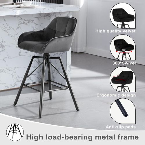 Lot De 2 Tabouret Bar En Velours, Chaise De Bar Avec Dossier, Repose-pieds, Pivotant, Gris Foncé