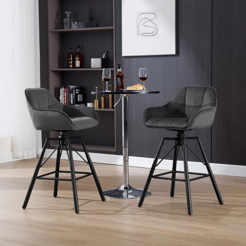 Lot De 2 Tabouret Bar En Velours, Chaise De Bar Avec Dossier, Repose-pieds, Pivotant, Gris Foncé