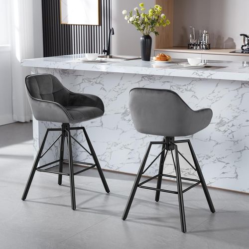Lot De 2 Tabouret Bar En Velours, Chaise De Bar Avec Dossier, Repose-pieds, Pivotant, Gris Foncé