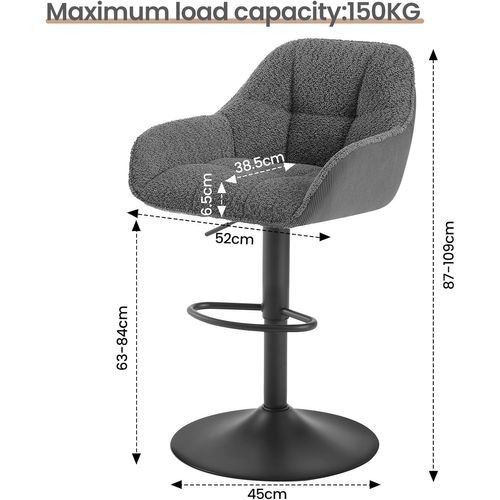 Lot De 2 Tabouret De Bar Rembourré, Hauteur Réglable, Pivotant, Chenille+Velours Côtelé, Gris Foncé