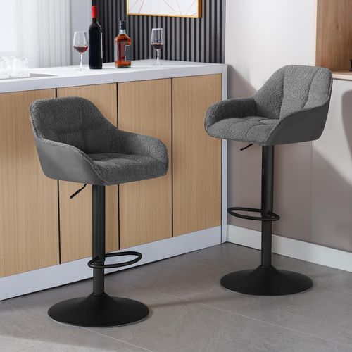 Lot De 2 Tabouret De Bar Rembourré, Hauteur Réglable, Pivotant, Chenille+Velours Côtelé, Gris Foncé