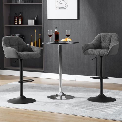 Lot De 2 Tabouret De Bar Rembourré, Hauteur Réglable, Pivotant, Chenille+Velours Côtelé, Gris Foncé