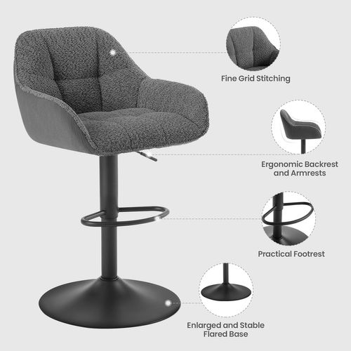 Lot De 2 Tabouret De Bar Rembourré, Hauteur Réglable, Pivotant, Chenille+Velours Côtelé, Gris Foncé