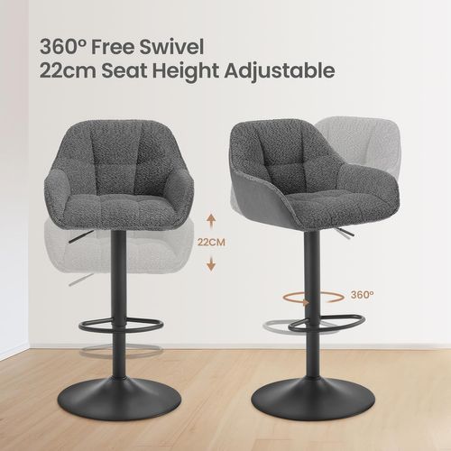 Lot De 2 Tabouret De Bar Rembourré, Hauteur Réglable, Pivotant, Chenille+Velours Côtelé, Gris Foncé