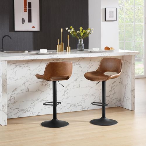 Lot 4 Tabourets De Bar Réglables, Simili Marron, Design Moderne, Métal Noir, Hauteur 59-79 Cm