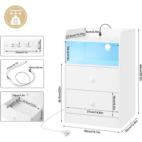 Table De Chevet Avec Station De Charge, Table D'appoint LED Avec 2 Tiroirs, Prises, Blanc