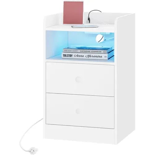 Table De Chevet Avec Station De Charge, Table D'appoint LED Avec 2 Tiroirs, Prises, Blanc