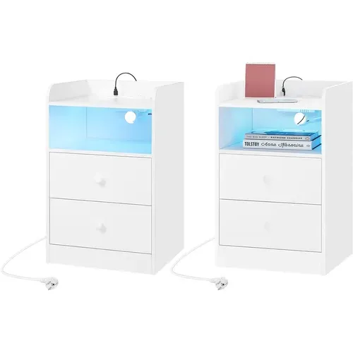 Lot De 2 Table De Chevet Avec Station De Charge, Table D'appoint LED Avec 2 Tiroirs, Prises, Blanc