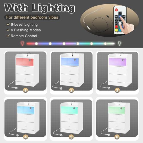 Lot De 2 Table De Chevet Avec Station De Charge, Table D'appoint LED Avec 2 Tiroirs, Prises, Blanc