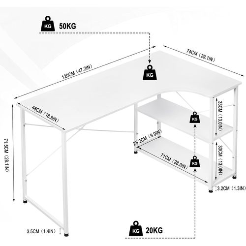Bureau D'ordinateur En Bois D'ingénierie Et Métal. Bureau D'angle. 120x74x71.5cm. Blanc