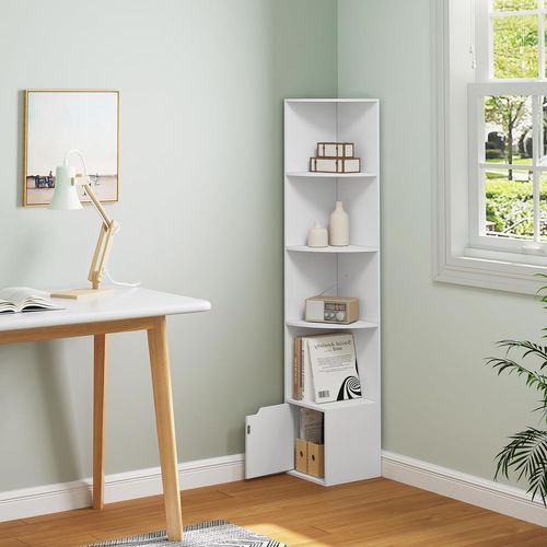 Étagère D'angle à 5 Niveaux, Meuble De Rangement En Bois D'ingénierie, 1 Placard Avec Porte, Blanc