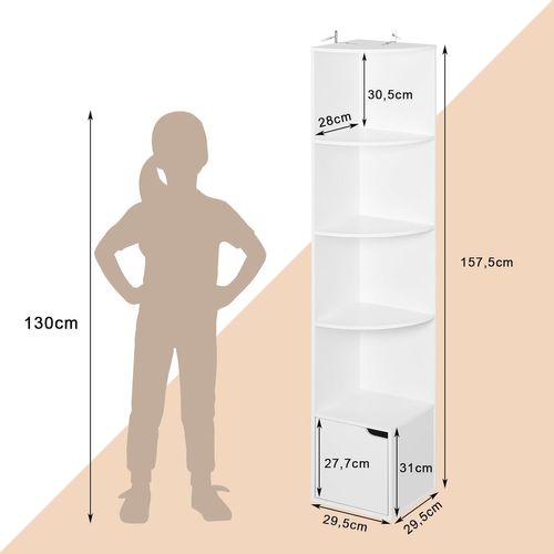 Étagère D'angle à 5 Niveaux, Meuble De Rangement En Bois D'ingénierie, 1 Placard Avec Porte, Blanc