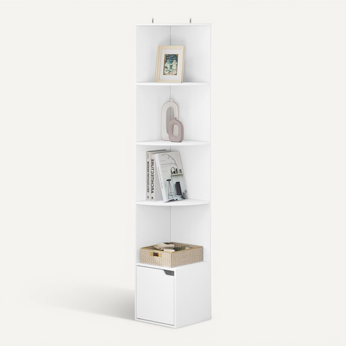 Étagère D'angle à 5 Niveaux, Meuble De Rangement En Bois D'ingénierie, 1 Placard Avec Porte, Blanc