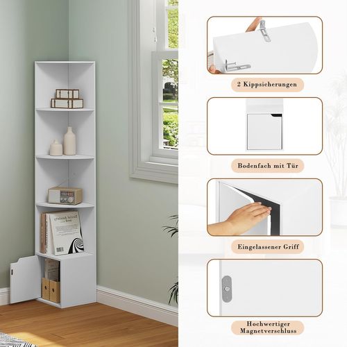 Étagère D'angle à 5 Niveaux, Meuble De Rangement En Bois D'ingénierie, 1 Placard Avec Porte, Blanc