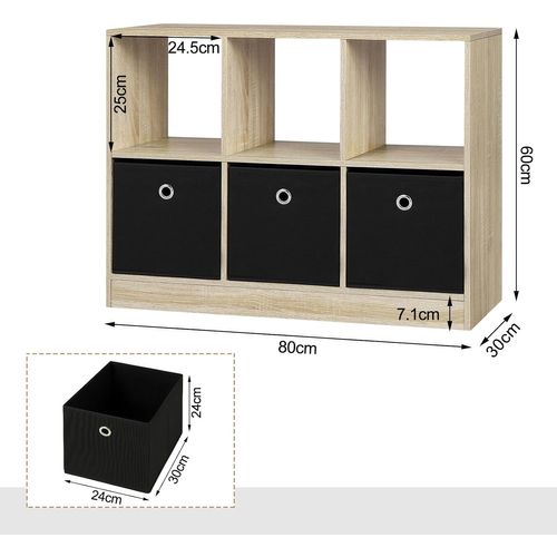 Bibliothèque En Bois D'ingénierie, Étagère Avec 6 Casiers, 3 Tiroirs En Tissu,80x30x60cm,Chêne Clair