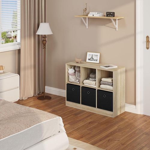 Bibliothèque En Bois D'ingénierie, Étagère Avec 6 Casiers, 3 Tiroirs En Tissu,80x30x60cm,Chêne Clair