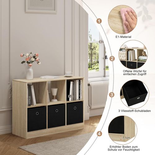 Bibliothèque En Bois D'ingénierie, Étagère Avec 6 Casiers, 3 Tiroirs En Tissu,80x30x60cm,Chêne Clair