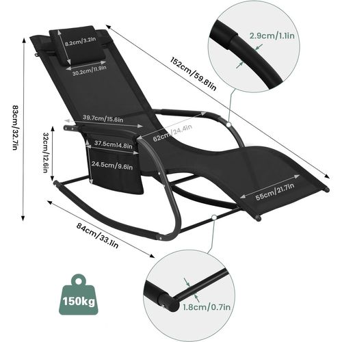 Bain De Soleil Jardin Exterieur,chaise Longue Jardin,avec Appui-tête,accoudoirs+poche Latérale,noir