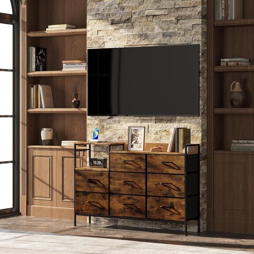 Commode à 8 Tiroirs En Tissu, Avec Station De Charge Et Crochets, Marron Rustique Et Noir