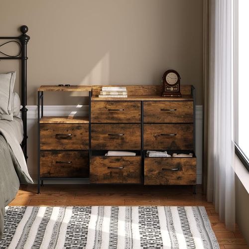 Commode à 8 Tiroirs En Tissu, Avec Station De Charge Et Crochets, Marron Rustique Et Noir