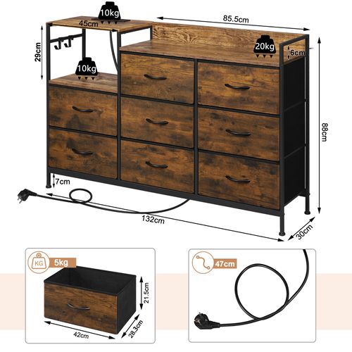 Commode à 8 Tiroirs En Tissu, Avec Station De Charge Et Crochets, Marron Rustique Et Noir