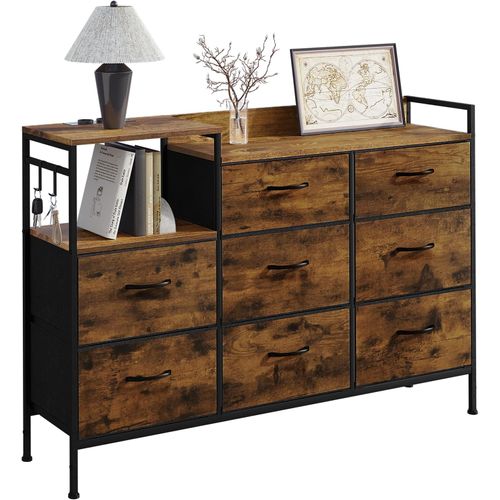 Commode à 8 Tiroirs En Tissu, Avec Station De Charge Et Crochets, Marron Rustique Et Noir