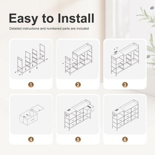 Commode à 8 Tiroirs En Tissu, Avec Station De Charge Et Crochets, Marron Rustique Et Noir