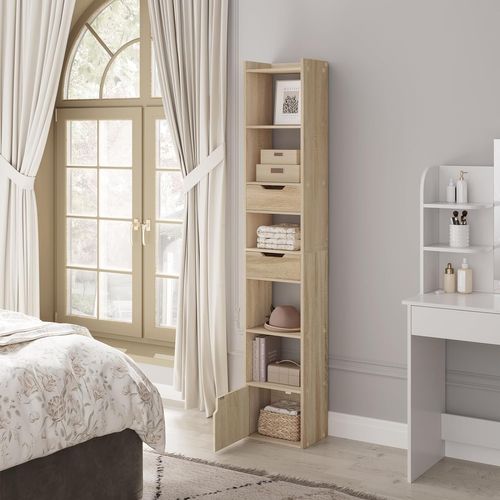 Bibliothèque,étagère De Rangement Sur Pied Avec 6 Compartiments+tiroirs,en Bois Composé,chêne Clair