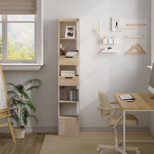 Bibliothèque,étagère De Rangement Sur Pied Avec 6 Compartiments+tiroirs,en Bois Composé,chêne Clair