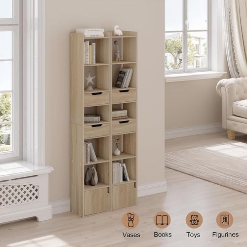Bibliothèque,étagère De Rangement Sur Pied Avec 6 Compartiments+tiroirs,en Bois Composé,chêne Clair