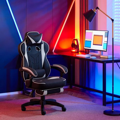 Chaise Gaming En Tissu Leathaire,Fauteuil Gamer Avec Coussin Lombaire,Hauteur Réglable,Gris