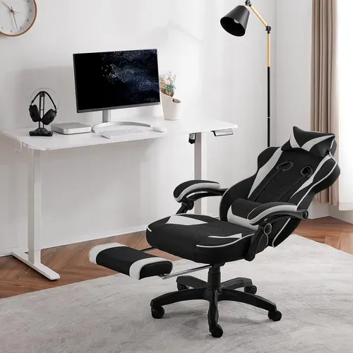 Chaise Gaming En Tissu Leathaire,Fauteuil Gamer Avec Coussin Lombaire,Hauteur Réglable,Gris