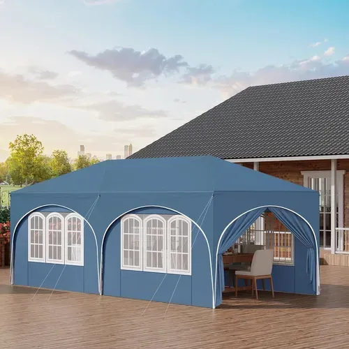 Tonnelle De Jardin Pliante Avec 6 Parois Latérales,Imperméable,Avec Sac De Transport,3x6m,Bleu
